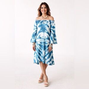 Seven Islands NewYork Blue Tie-Dye Off-Shoulder Midi Dress 🩵🤍🩵🤍